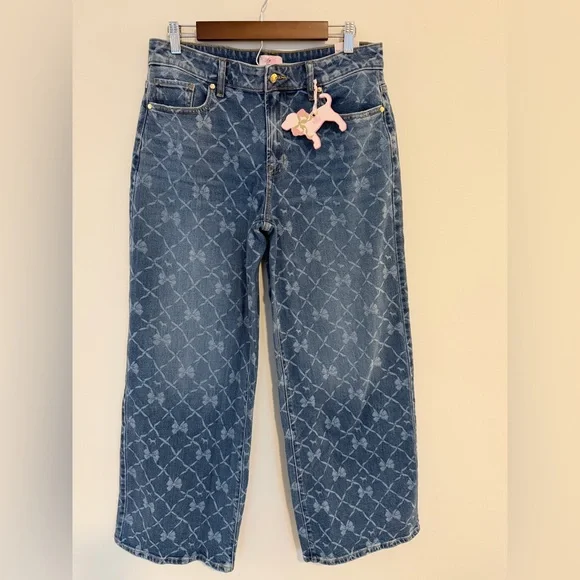 *NWT* VS PINK x LoveShackFancy Denim Baggy High Rise Jeans - bow print - Picture 1 of 11